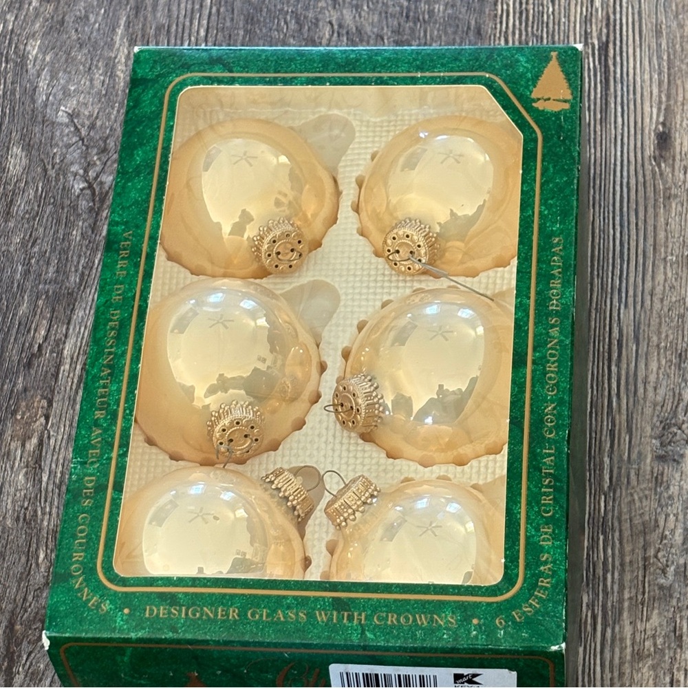 Vintage set of 6 Christmas by Krebs Glass Ornaments with Crowns, light gold